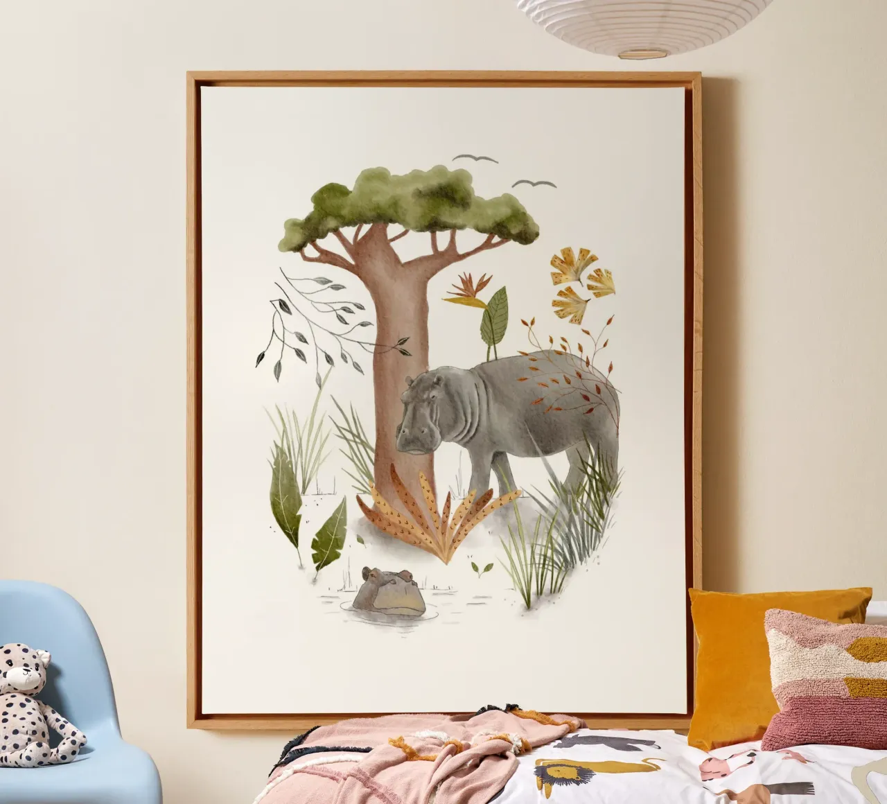 Whimsical Hippo and Safari Tree Art for Nature Decor canvas with Floater frame by Urchin Bay Art
