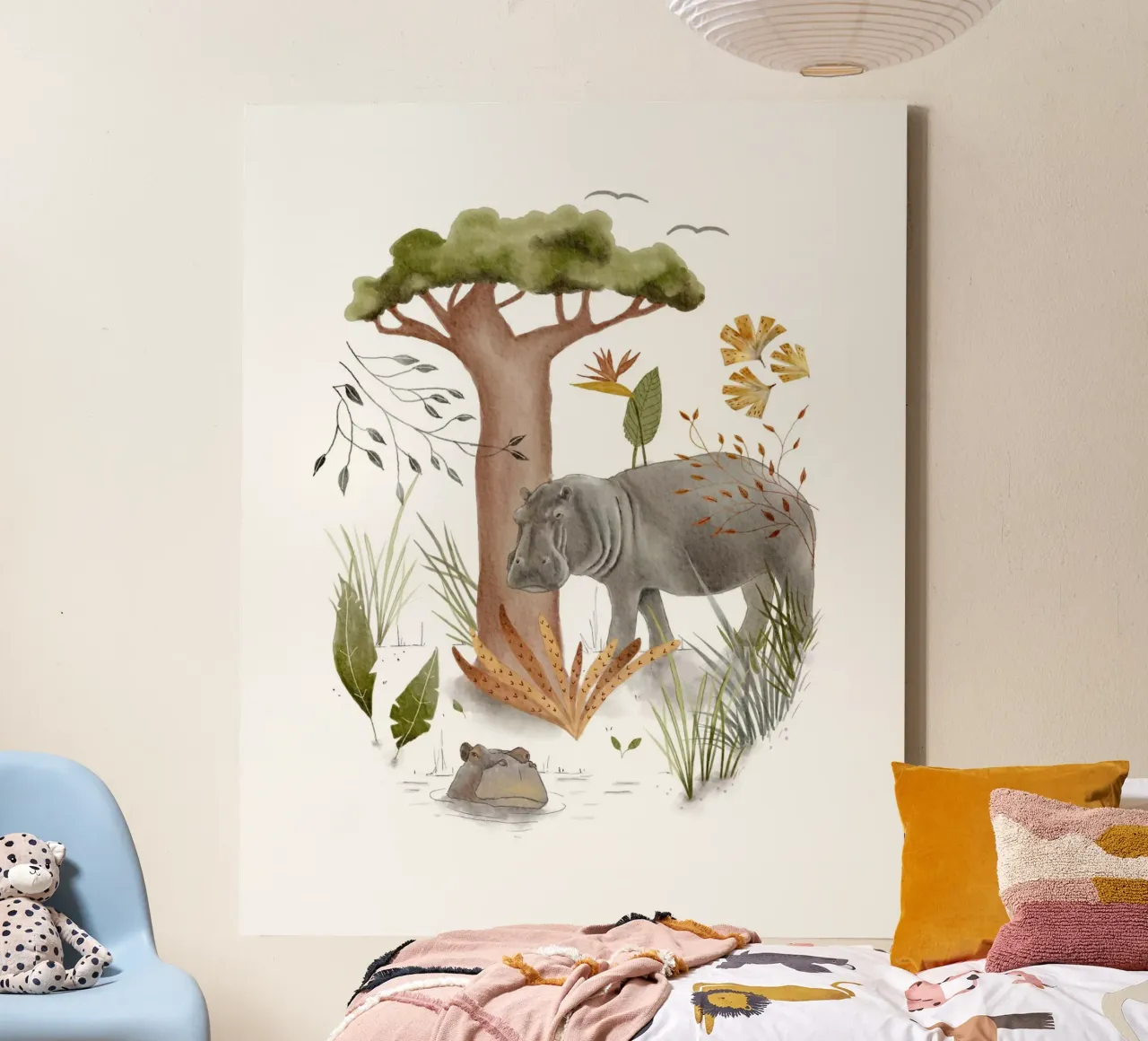 Whimsical Hippo and Safari Tree Art for Nature Decor canvas with Floater frame by Urchin Bay Art