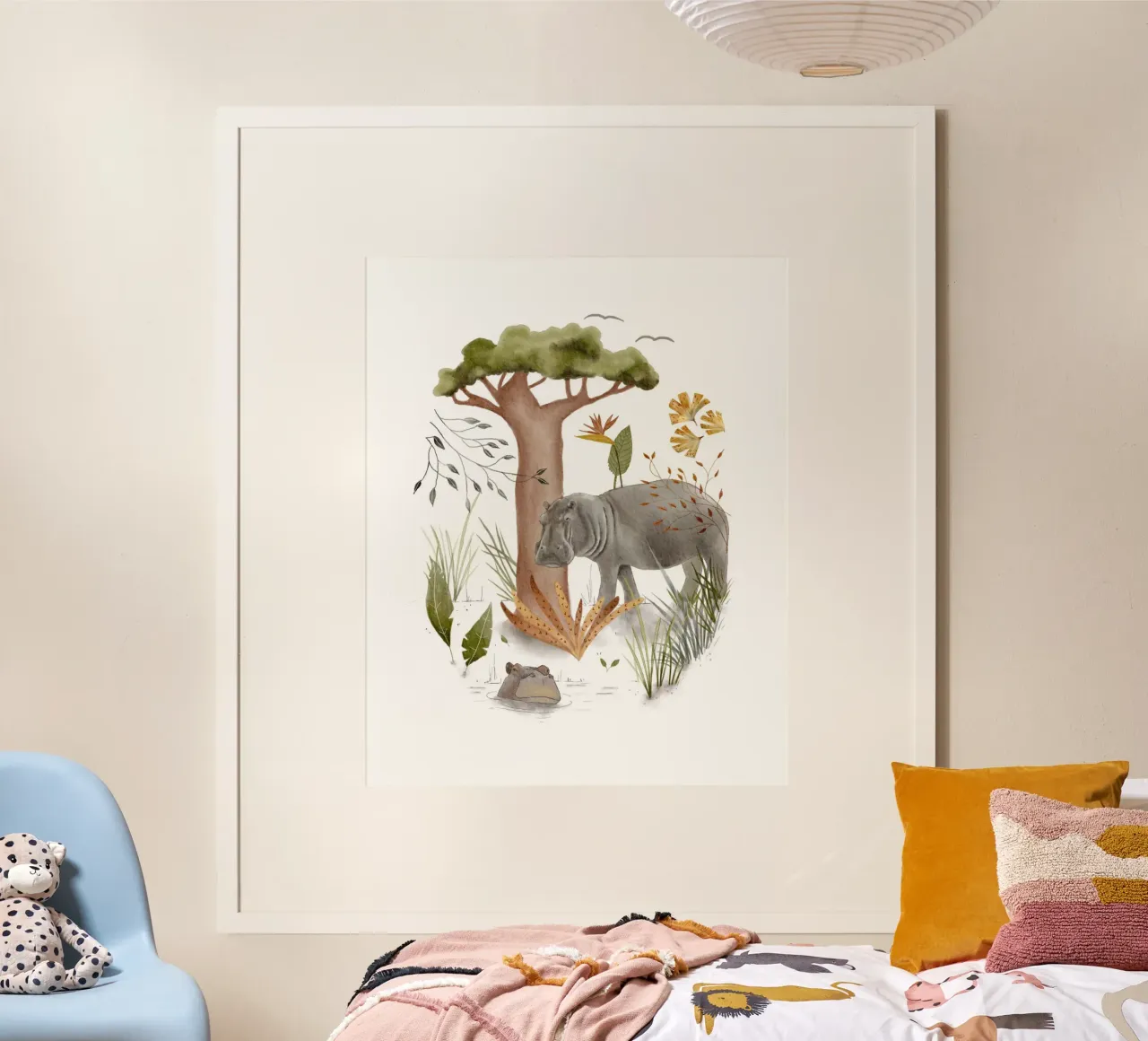 Arte dell'ippopotamo e dell'albero safari per l'arredamento della natura poster con telaio in alluminio da Urchin Bay Art