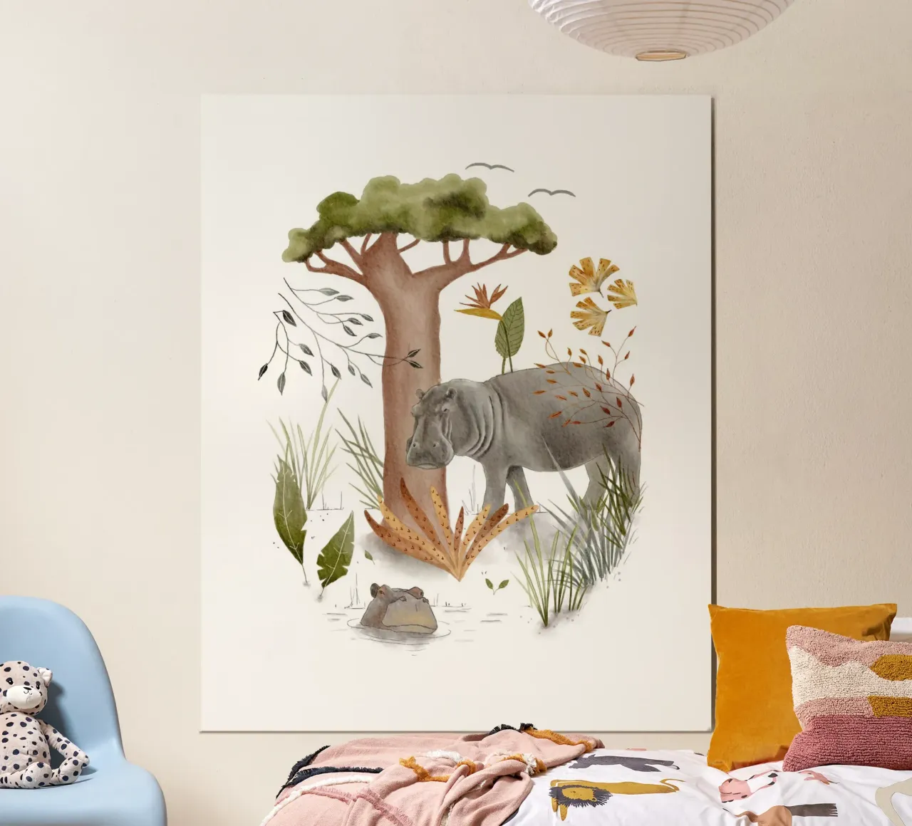 Arte dell'ippopotamo e dell'albero safari per l'arredamento della natura poster con telaio in alluminio da Urchin Bay Art