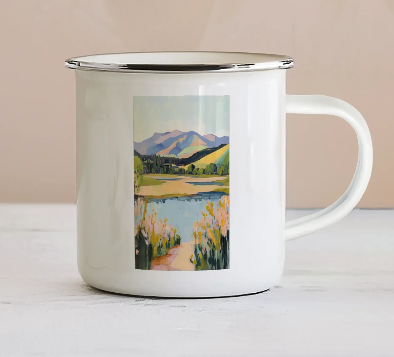 Paesaggio dipinto di montagne e lago tazza in smalto da Melloi Art Print