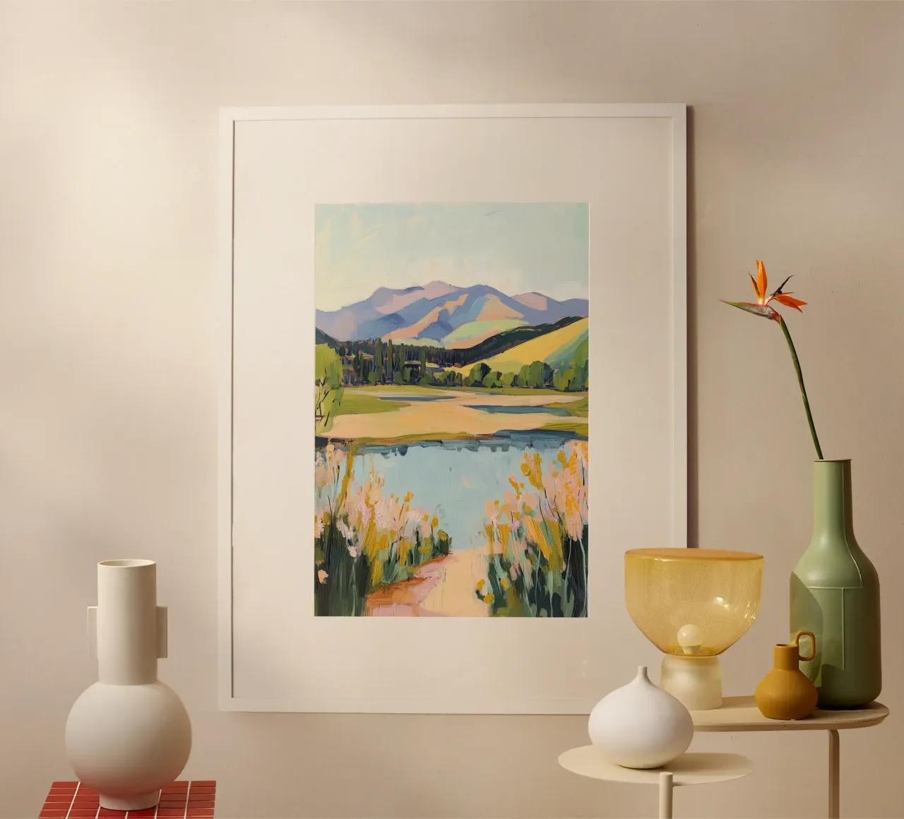 Paesaggio dipinto di montagne e lago poster da Melloi Art Print