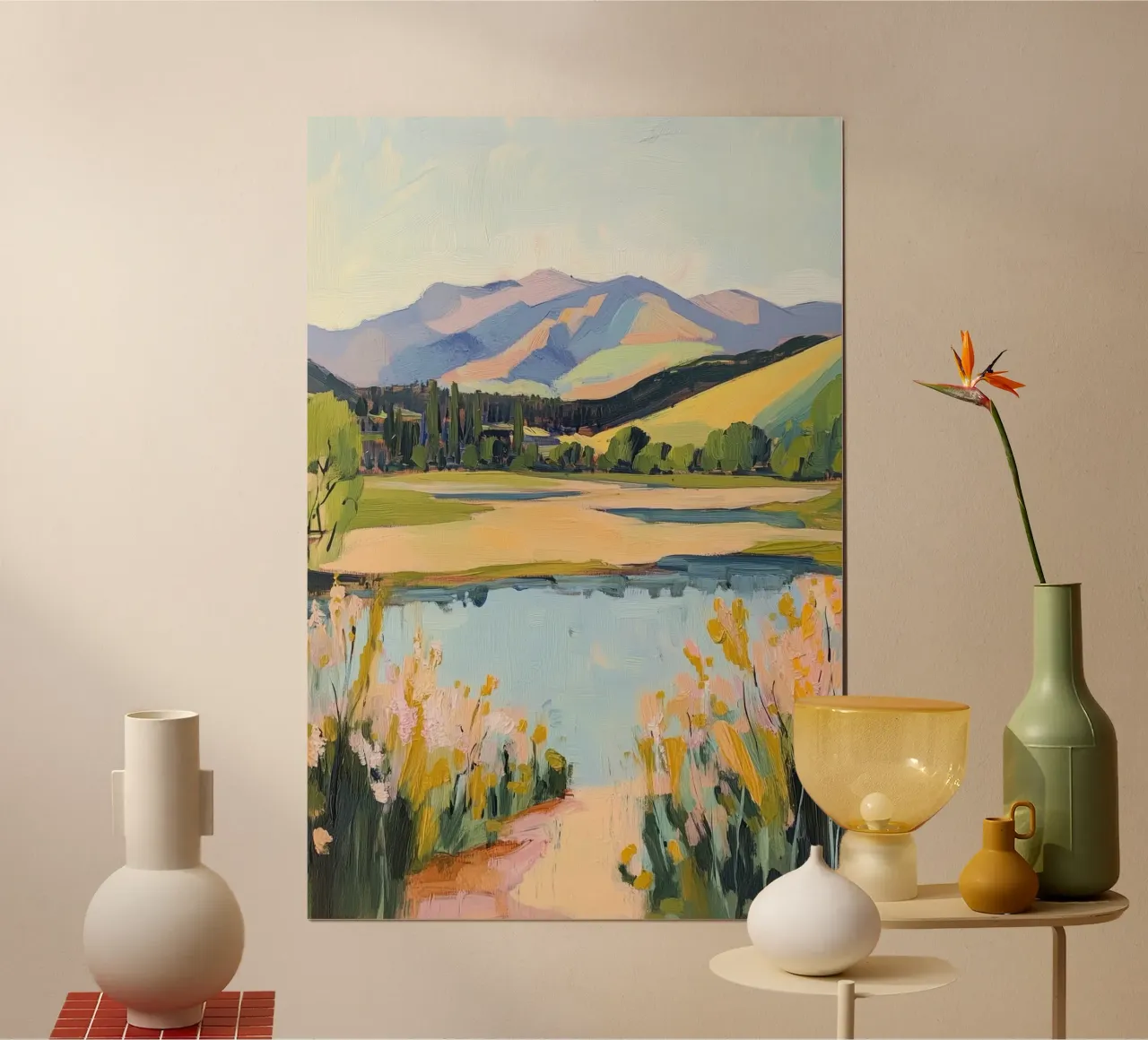 Paesaggio dipinto di montagne e lago poster da Melloi Art Print
