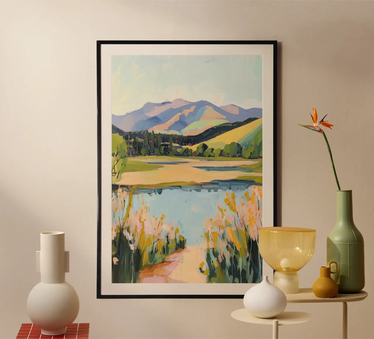 Paesaggio dipinto di montagne e lago poster da Melloi Art Print