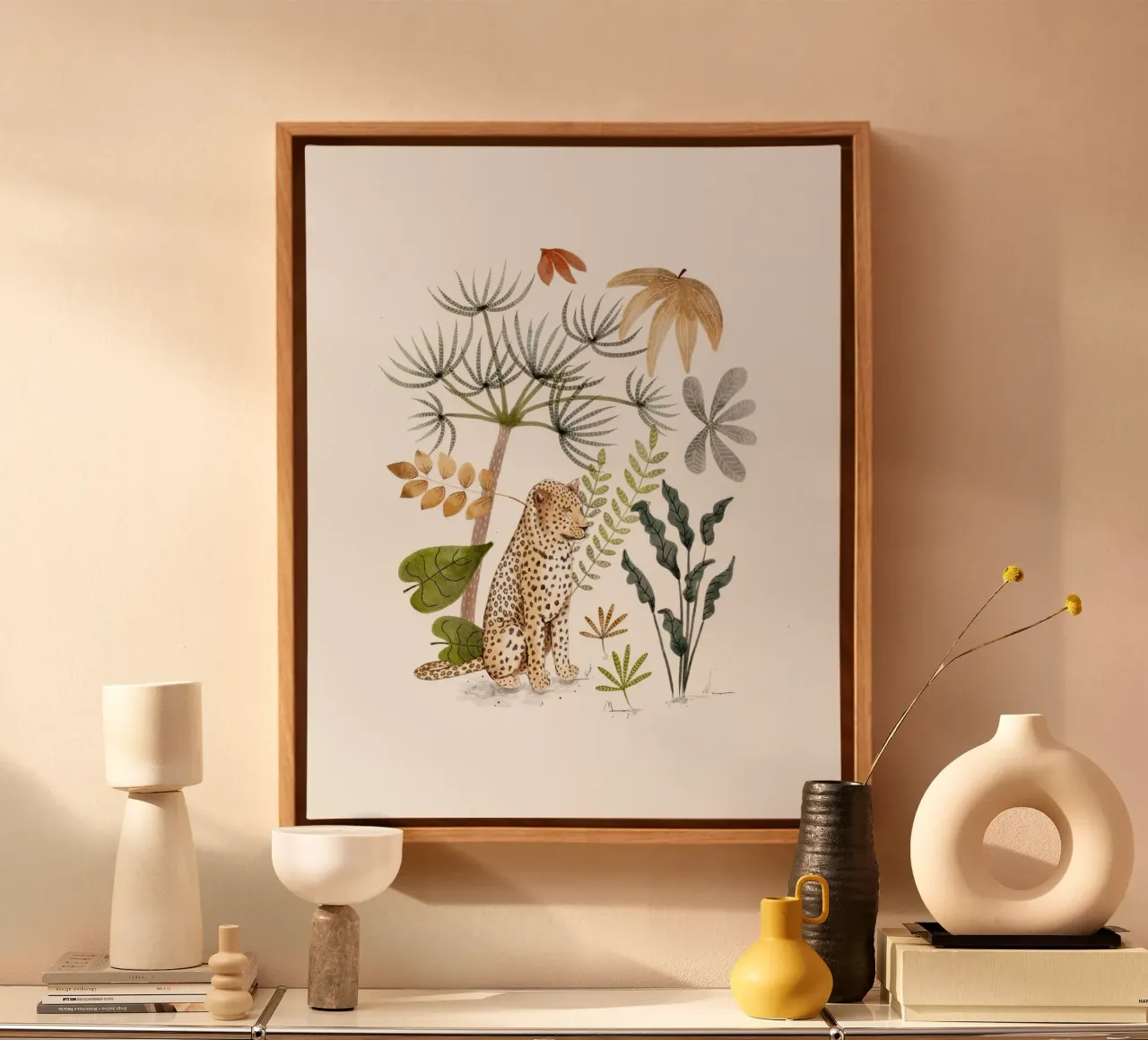 Leopard in Lush Jungle Botanical Illustration Art Print canvas with Floater frame by Urchin Bay Art