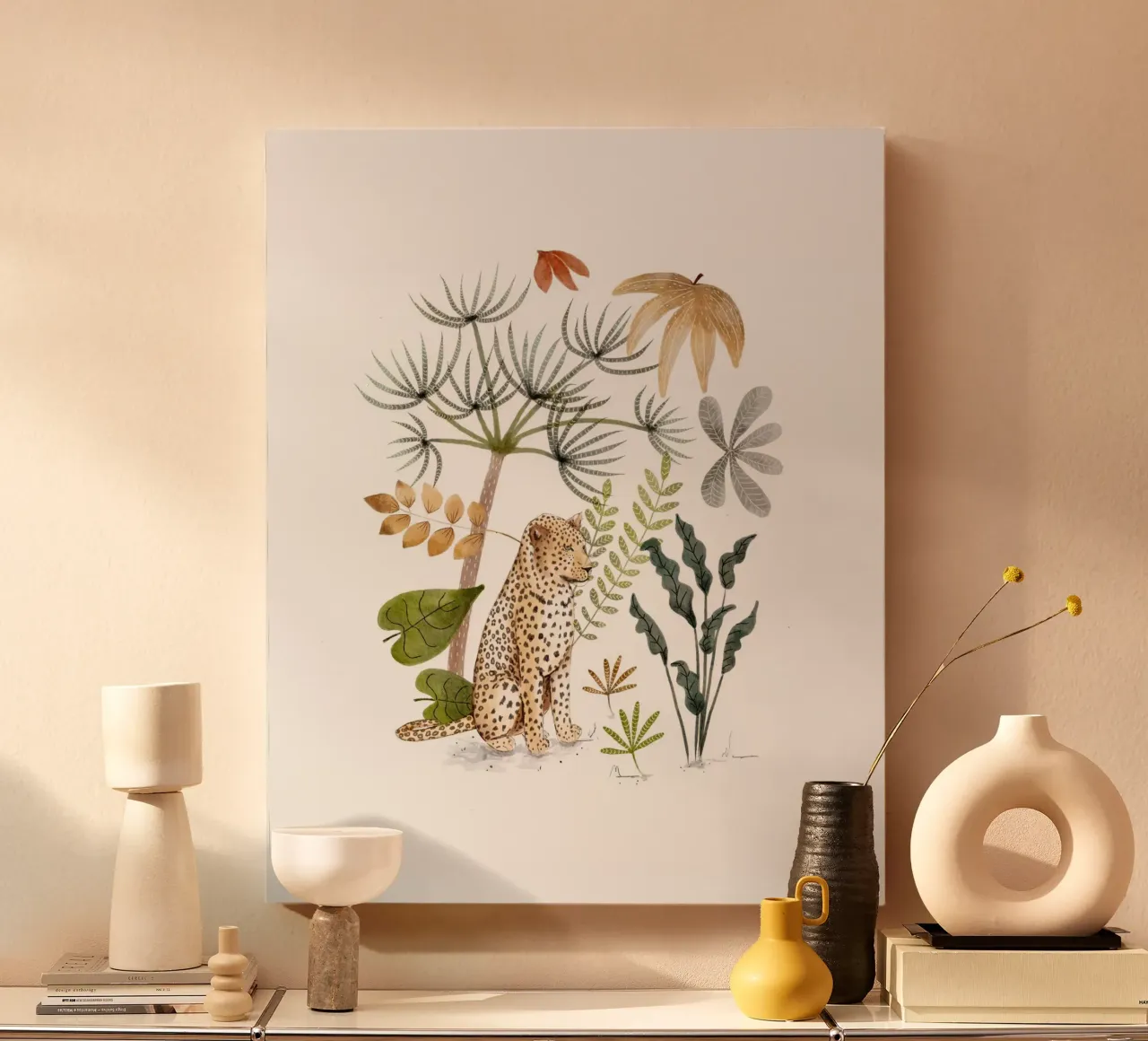 Leopard in Lush Jungle Botanical Illustration Art Print canvas with Floater frame by Urchin Bay Art