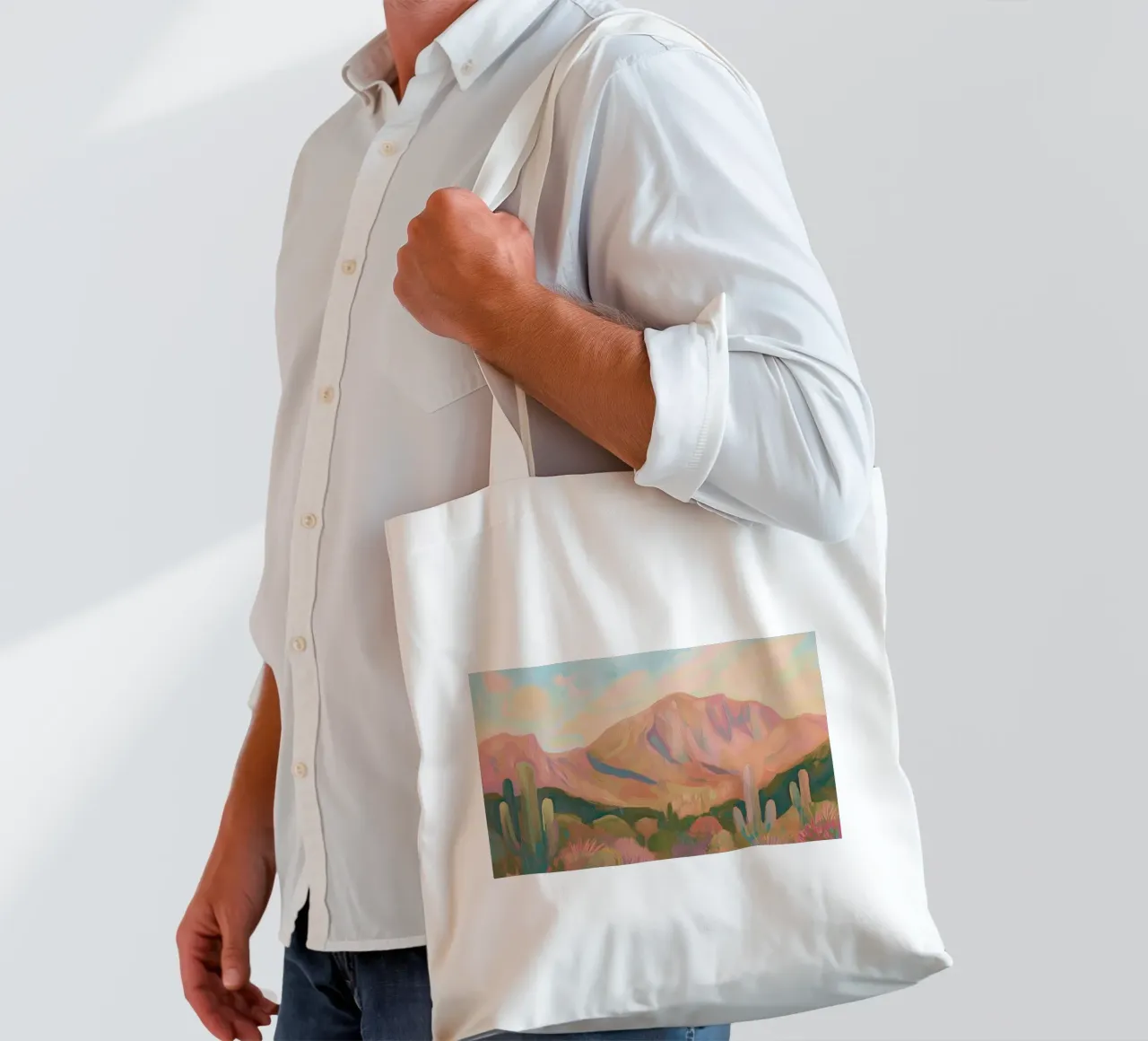 Paesaggio desertico dipinto con cactus e montagne borsa in juta da Melloi Art Print