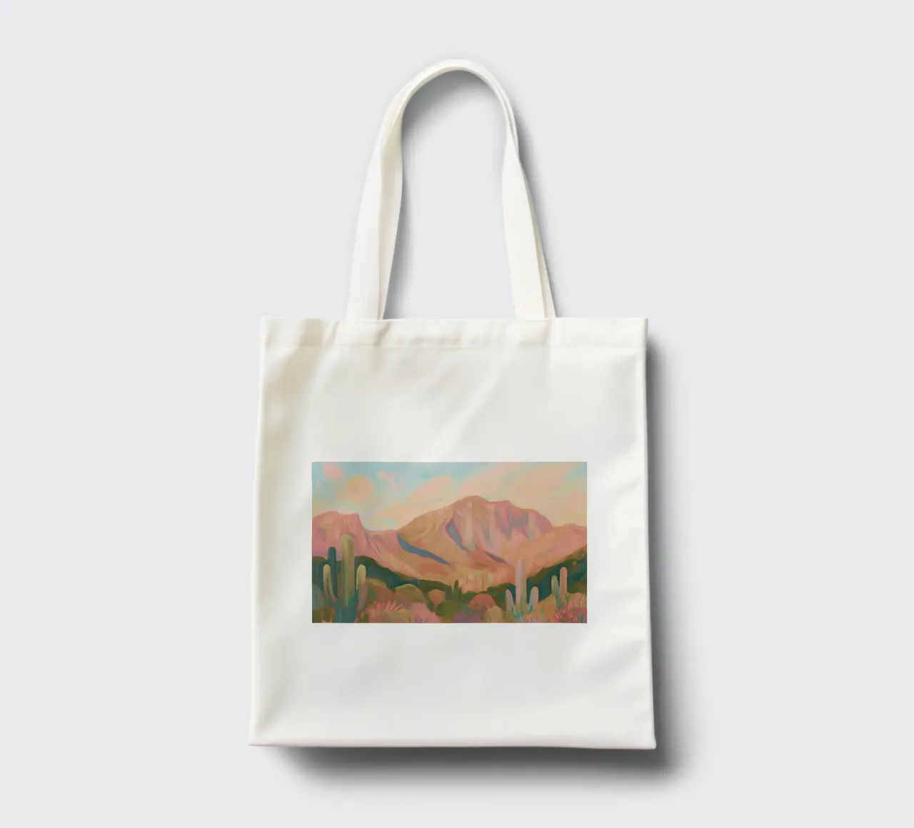 Paesaggio desertico dipinto con cactus e montagne borsa in juta da Melloi Art Print
