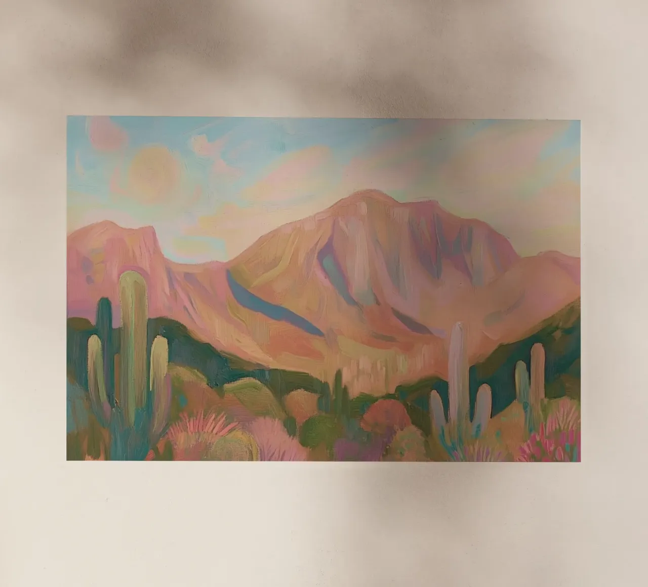 Paesaggio desertico dipinto con cactus e montagne pellicola backlit da Melloi Art Print
