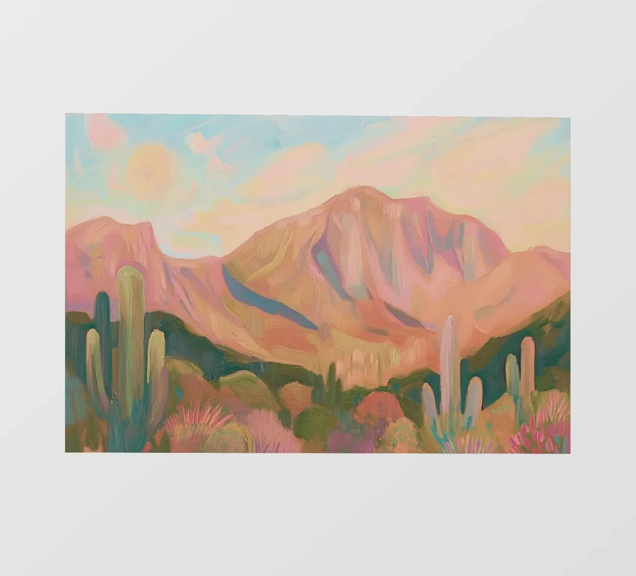 Paesaggio desertico dipinto con cactus e montagne pellicola backlit da Melloi Art Print
