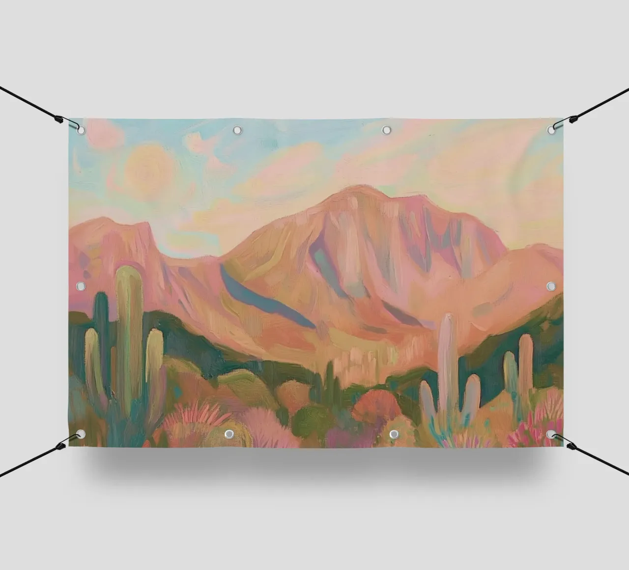 Paesaggio desertico dipinto con cactus e montagne telo in pvc da Melloi Art Print