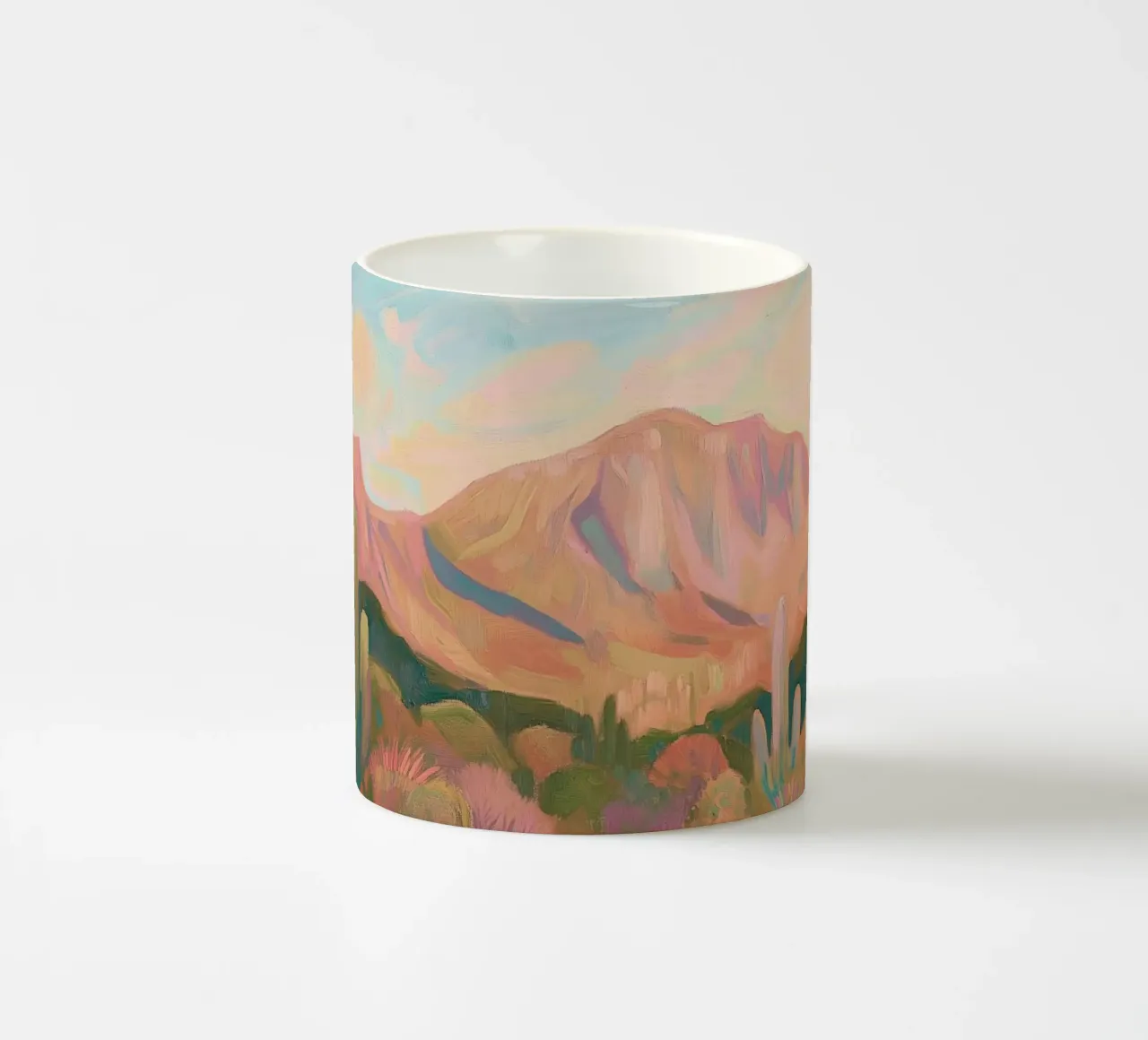 Paesaggio desertico dipinto con cactus e montagne tazza in ceramica da Melloi Art Print