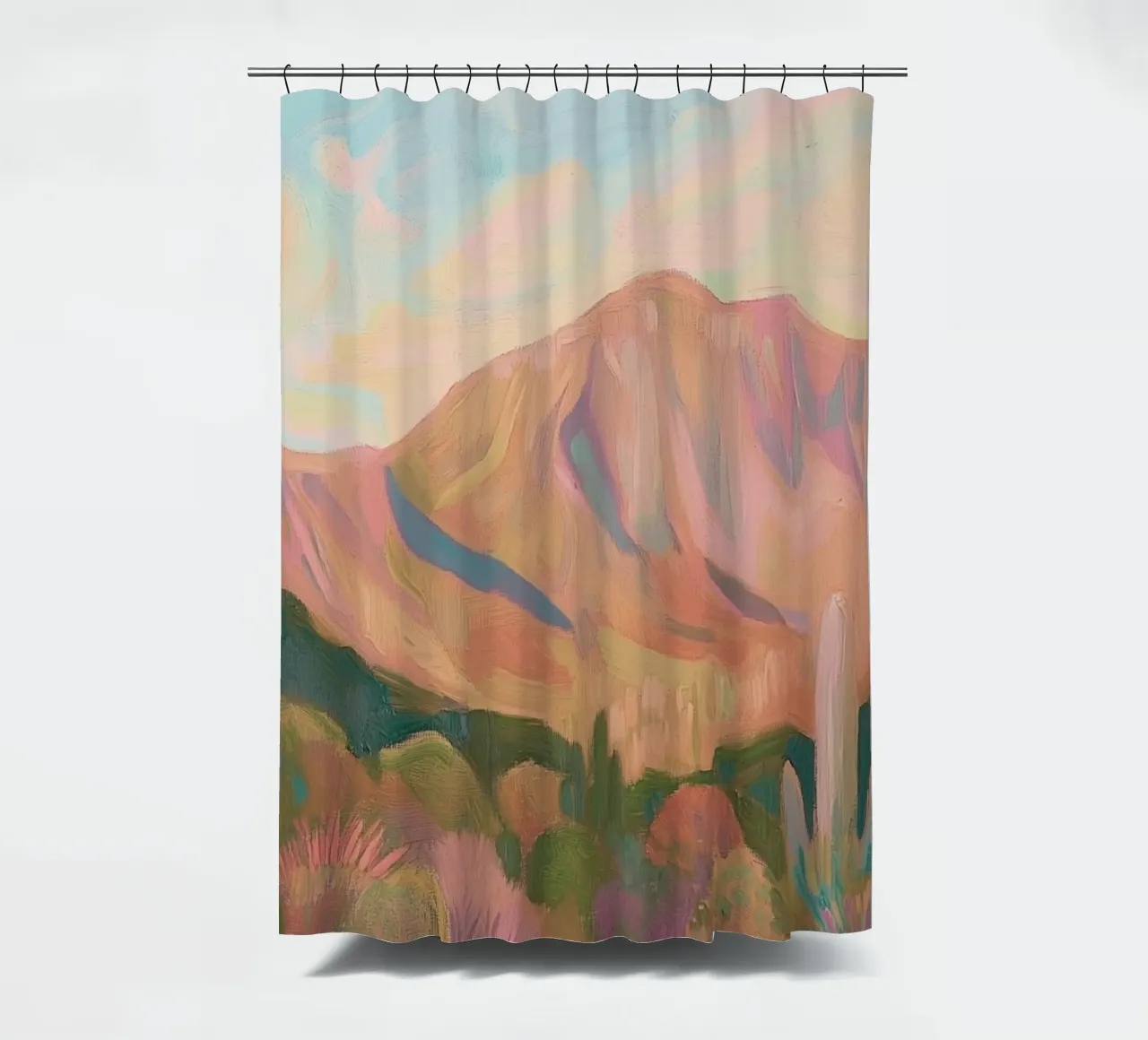 Paesaggio desertico dipinto con cactus e montagne tenda da doccia da Melloi Art Print