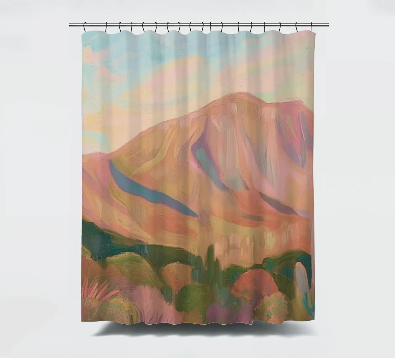 Paesaggio desertico dipinto con cactus e montagne tenda da doccia da Melloi Art Print