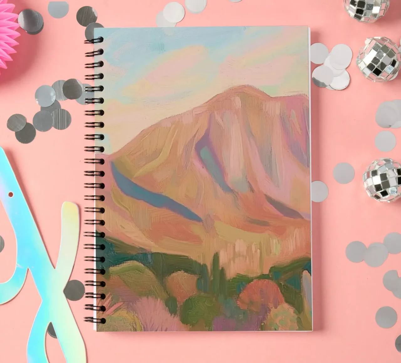 Desert Landscape Painting with Cacti and Mountains spiral notebook by Melloi Art Print
