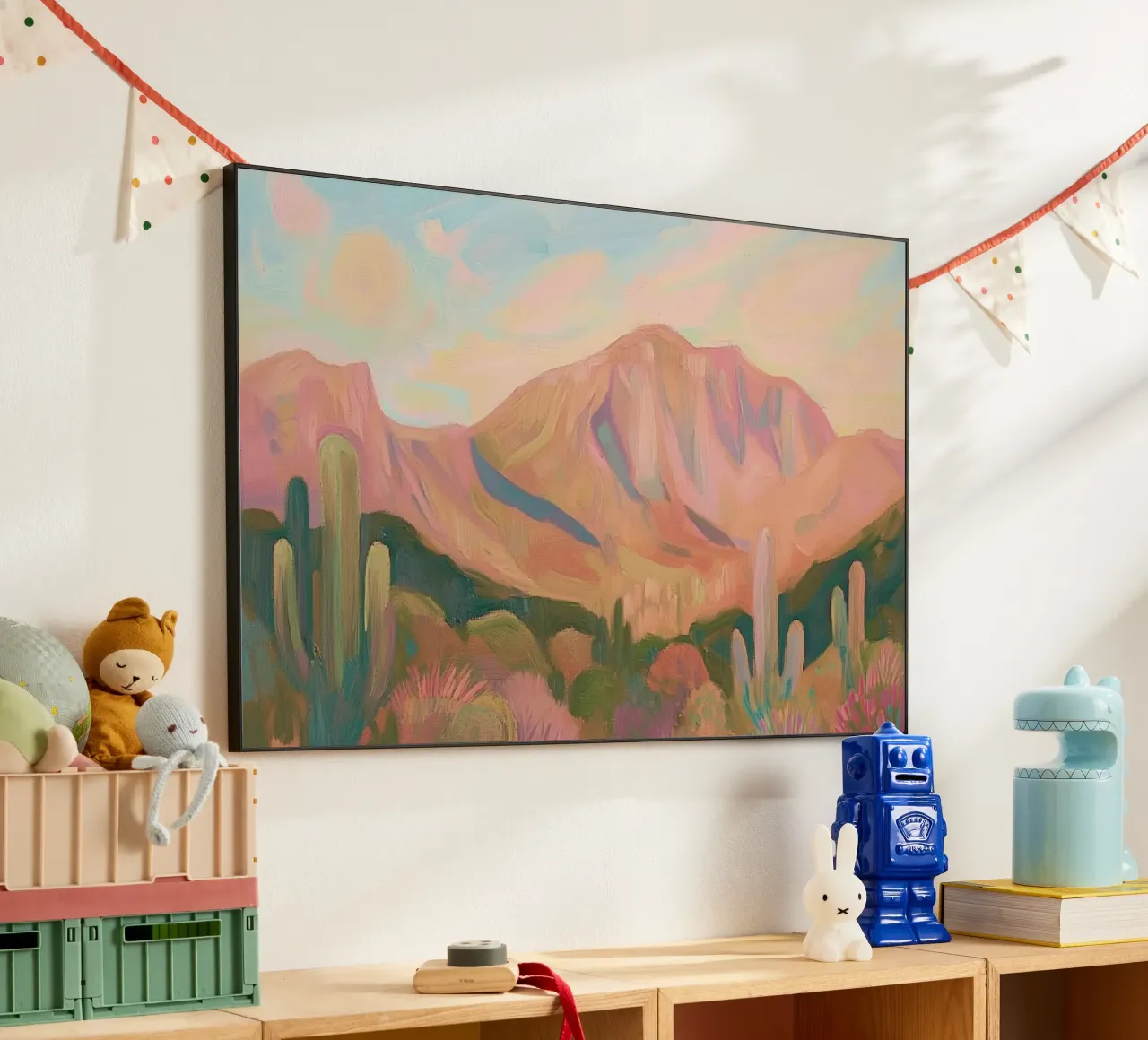Paesaggio desertico dipinto con cactus e montagne alluminio dibond da Melloi Art Print
