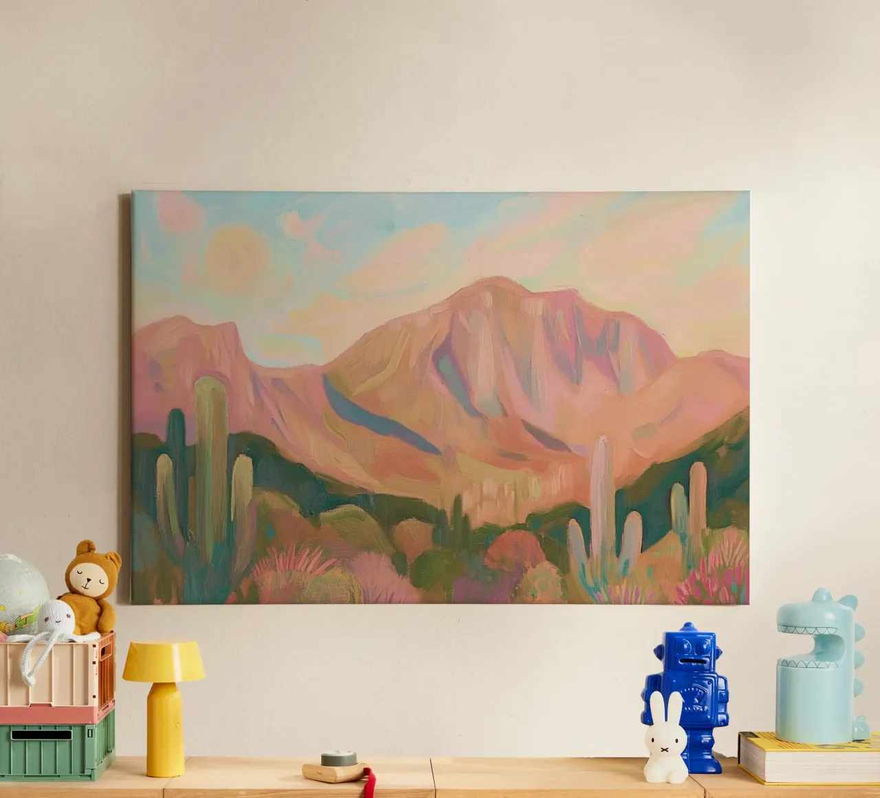 Paesaggio desertico dipinto con cactus e montagne tela con Cornice a cassetta da Melloi Art Print
