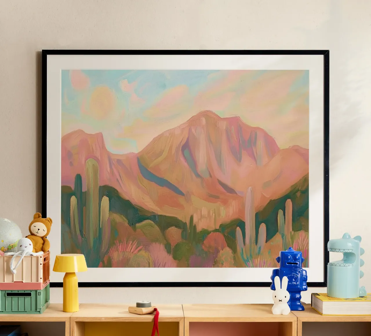 Paesaggio desertico dipinto con cactus e montagne carta hahnemühle da Melloi Art Print