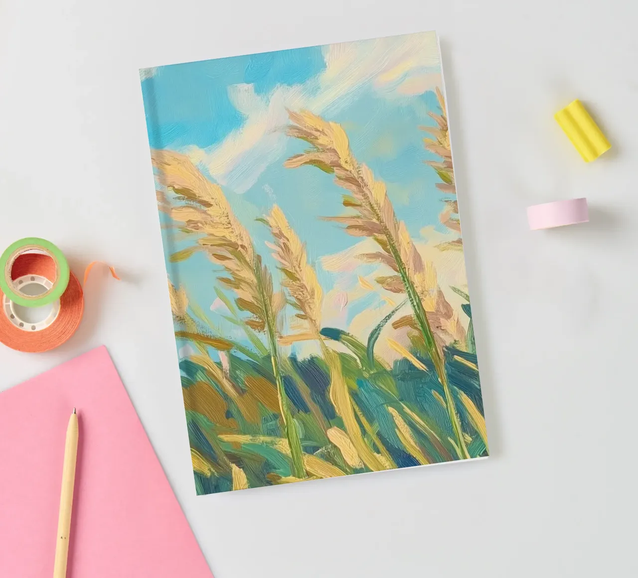 Champ de blé sous un ciel bleu clair carnet de notes de Melloi Art Print