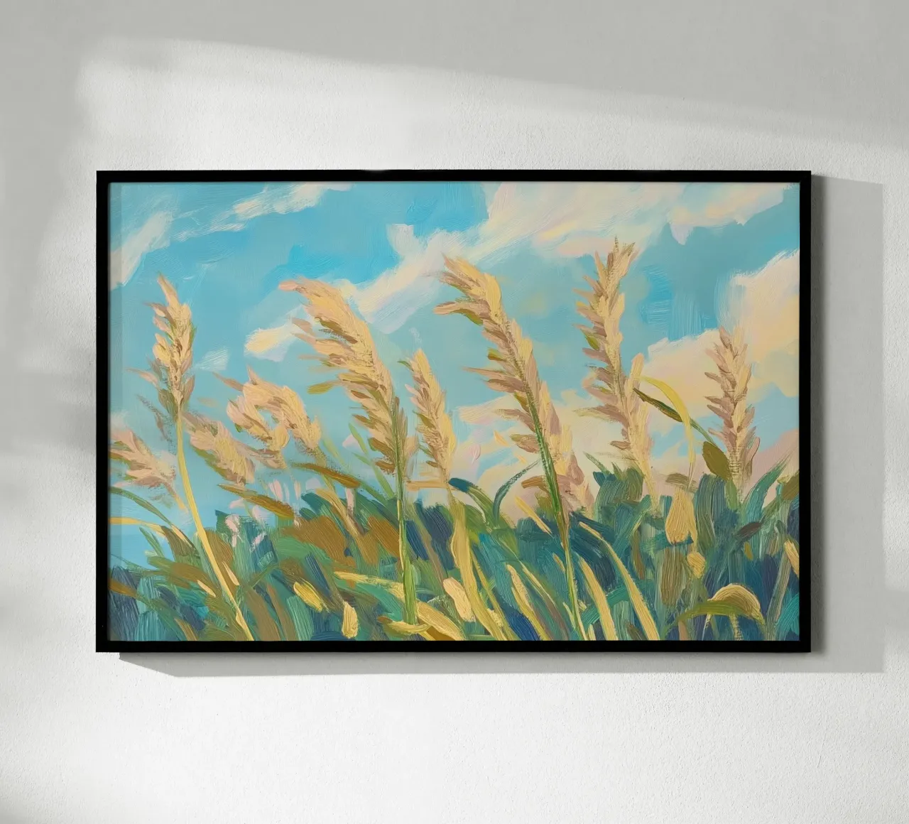 Champ de blé sous un ciel bleu clair poster avec cadre en aluminium de Melloi Art Print