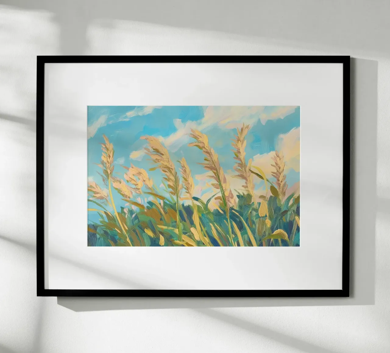 Champ de blé sous un ciel bleu clair poster avec cadre en aluminium de Melloi Art Print