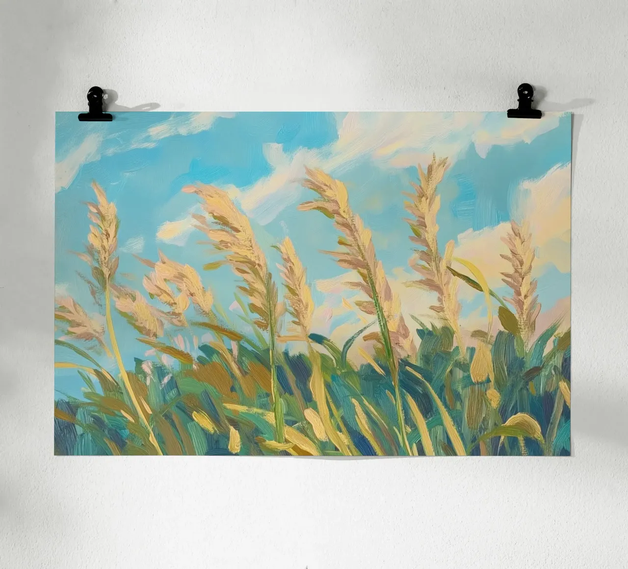 Champ de blé sous un ciel bleu clair poster avec cadre en aluminium de Melloi Art Print