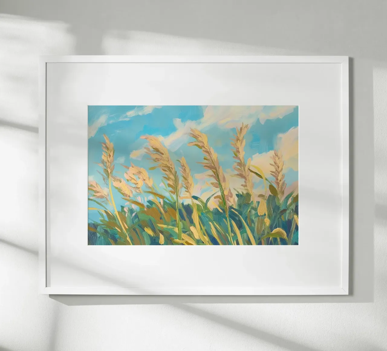 Champ de blé sous un ciel bleu clair poster avec cadre en aluminium de Melloi Art Print