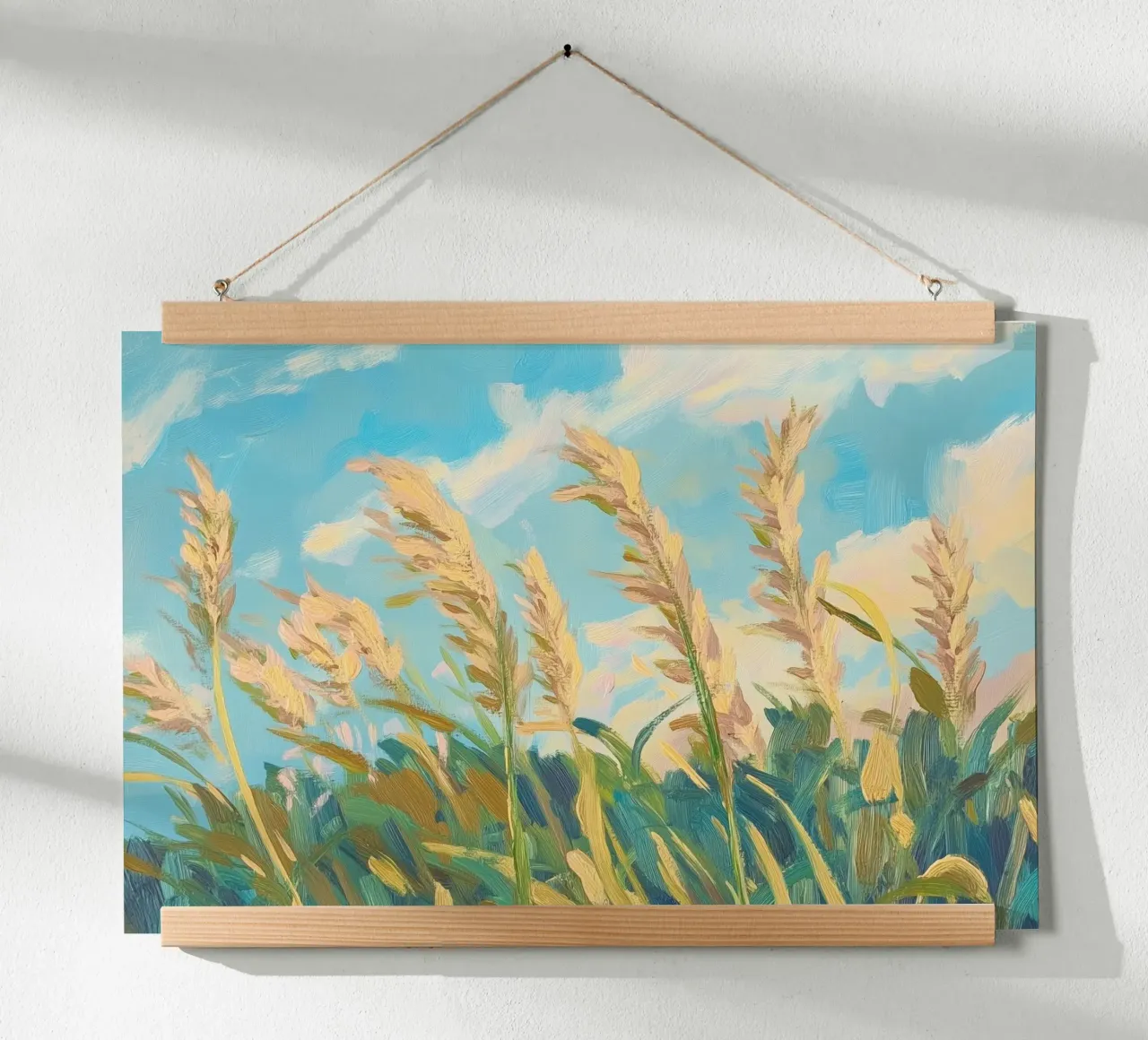 Champ de blé sous un ciel bleu clair poster avec cadre en aluminium de Melloi Art Print