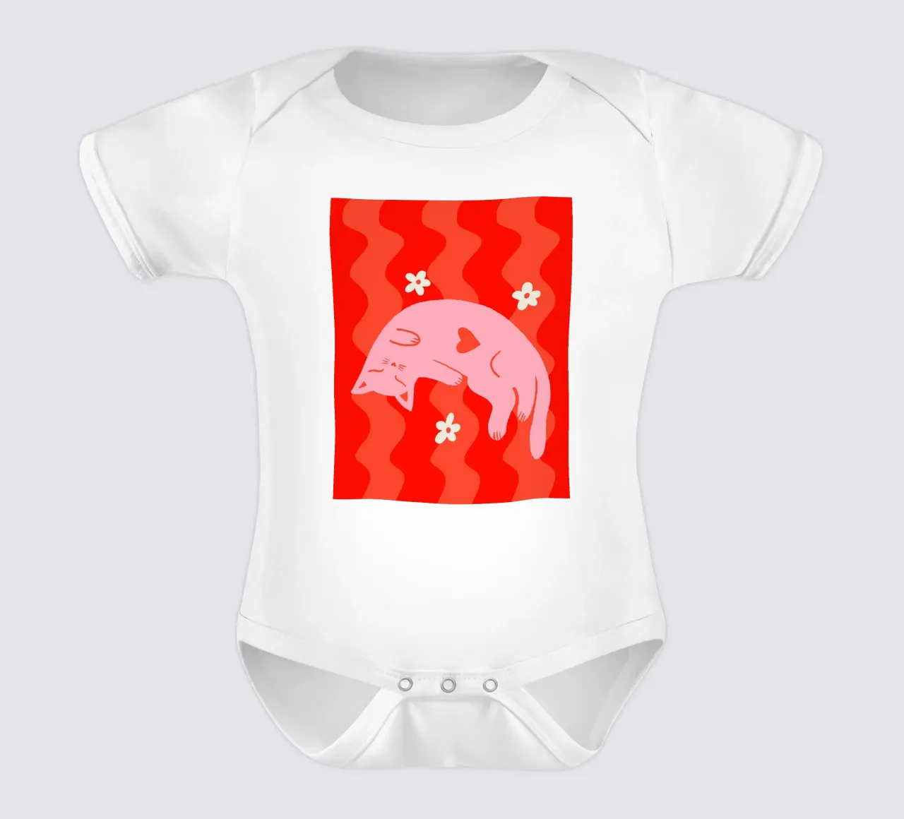 Pink cat with wavy background short-sleeve baby romper by Wackapacka