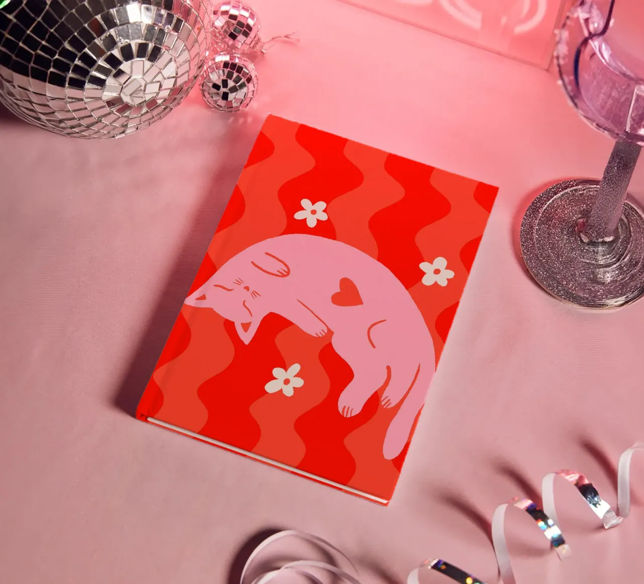Pink cat with wavy background notebook by Wackapacka