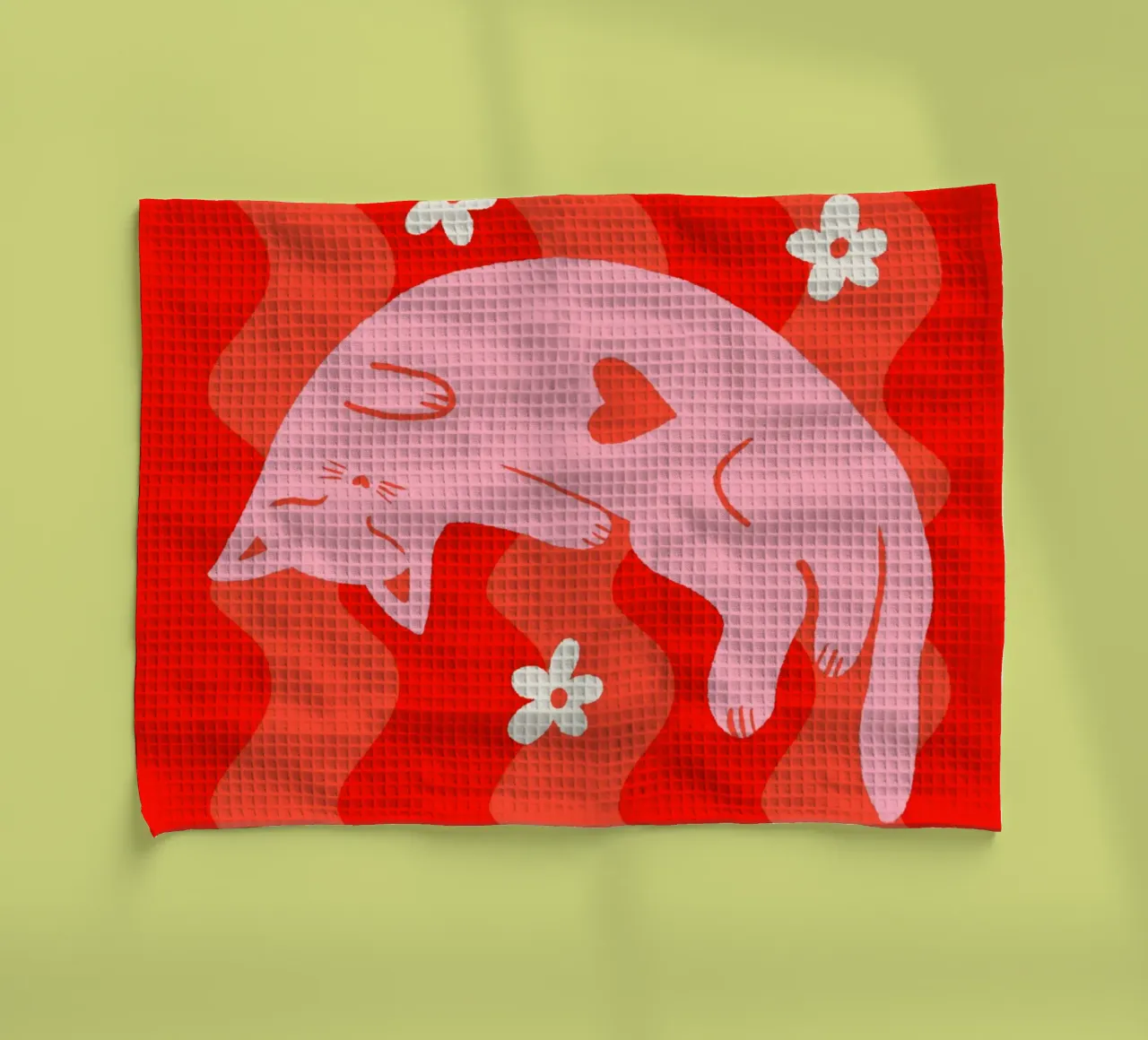 Pink cat with wavy background tea towel by Wackapacka