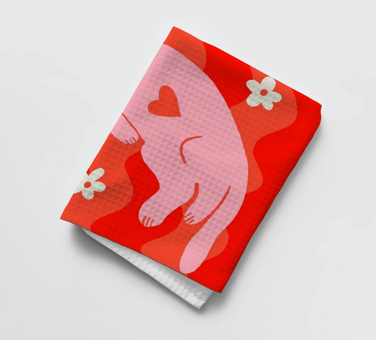 Pink cat with wavy background tea towel by Wackapacka