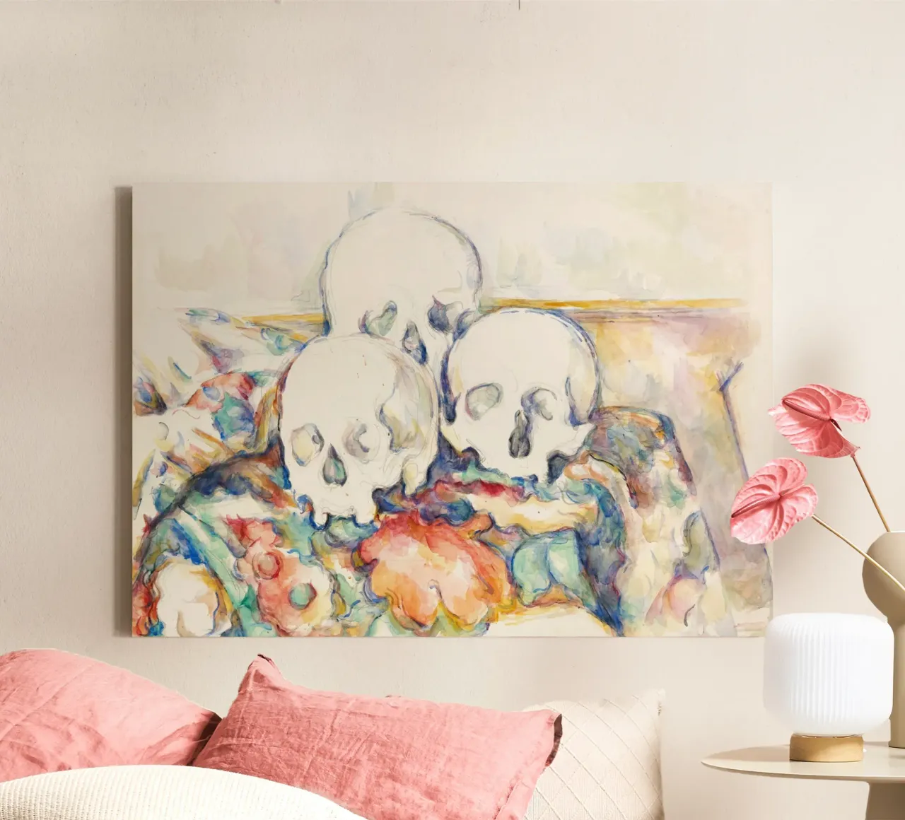 Three colourful skulls canvas with Floater frame by Second Canvas