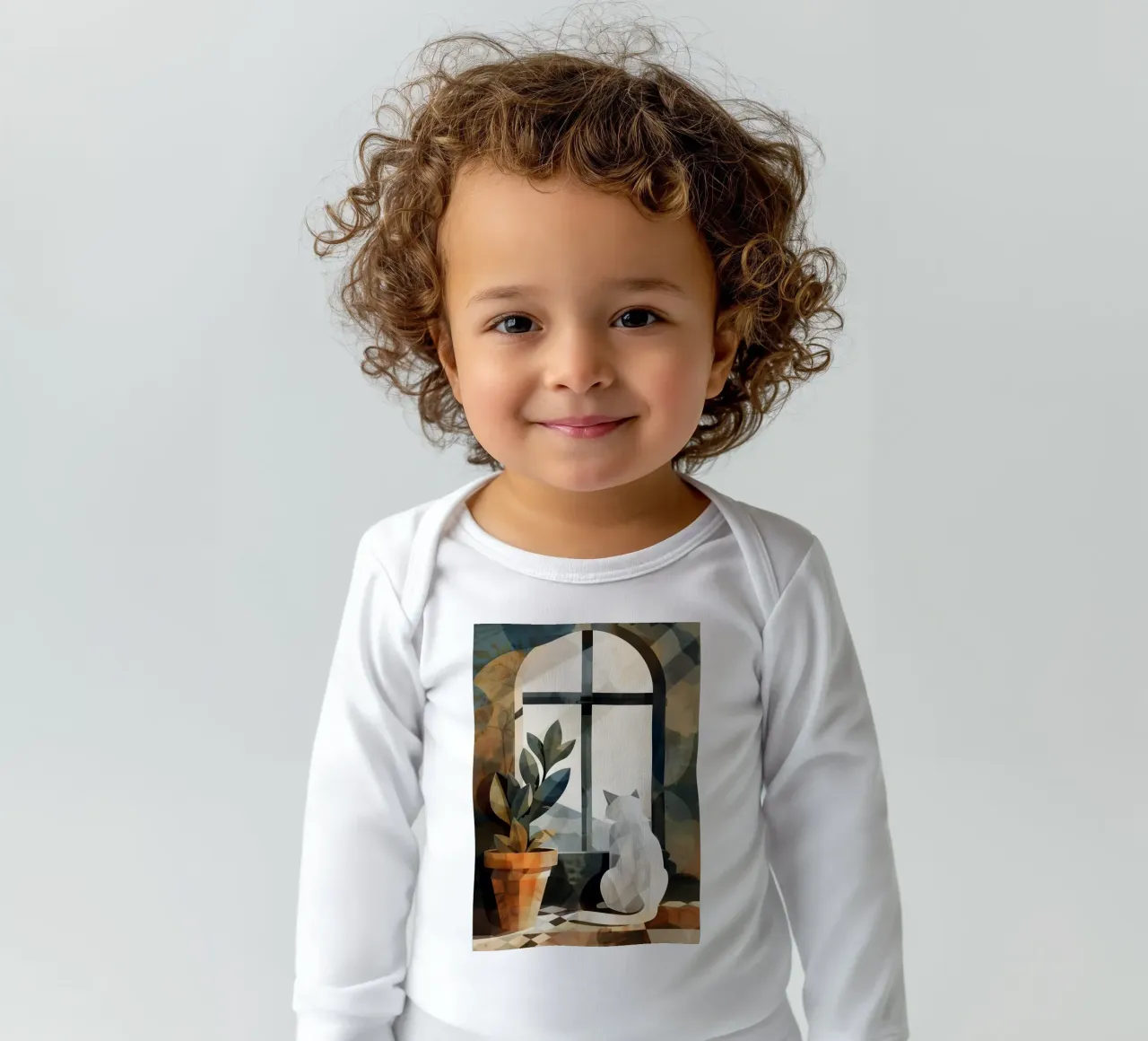 White cat and window long-sleeve baby romper by Justyna Jaszke JBJart