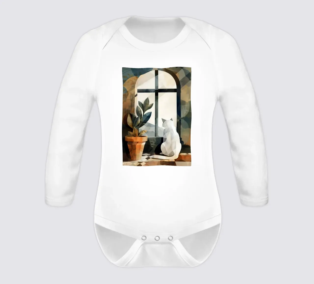 White cat and window long-sleeve baby romper by Justyna Jaszke JBJart