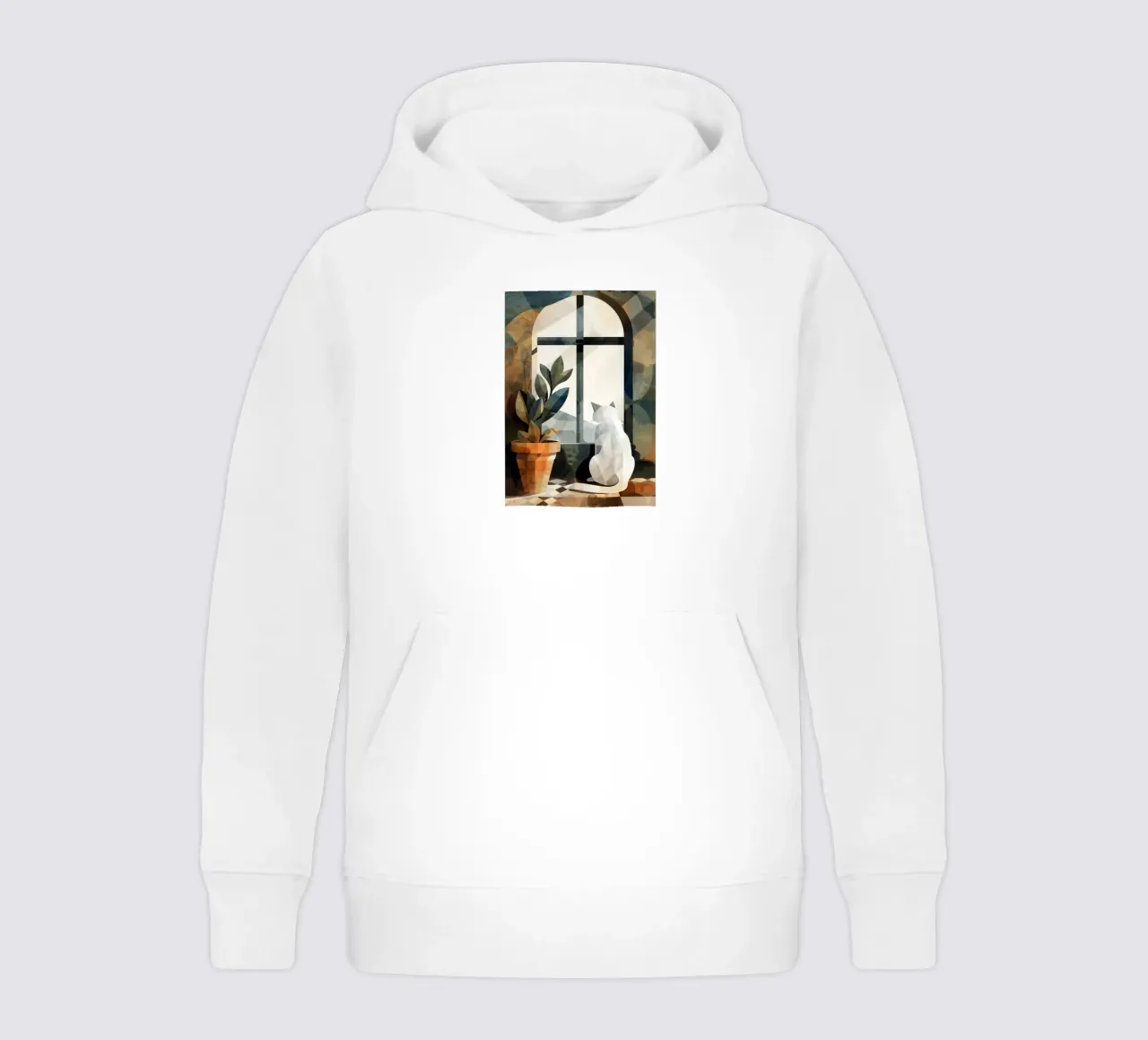 White cat and window kids hoodie by Justyna Jaszke JBJart