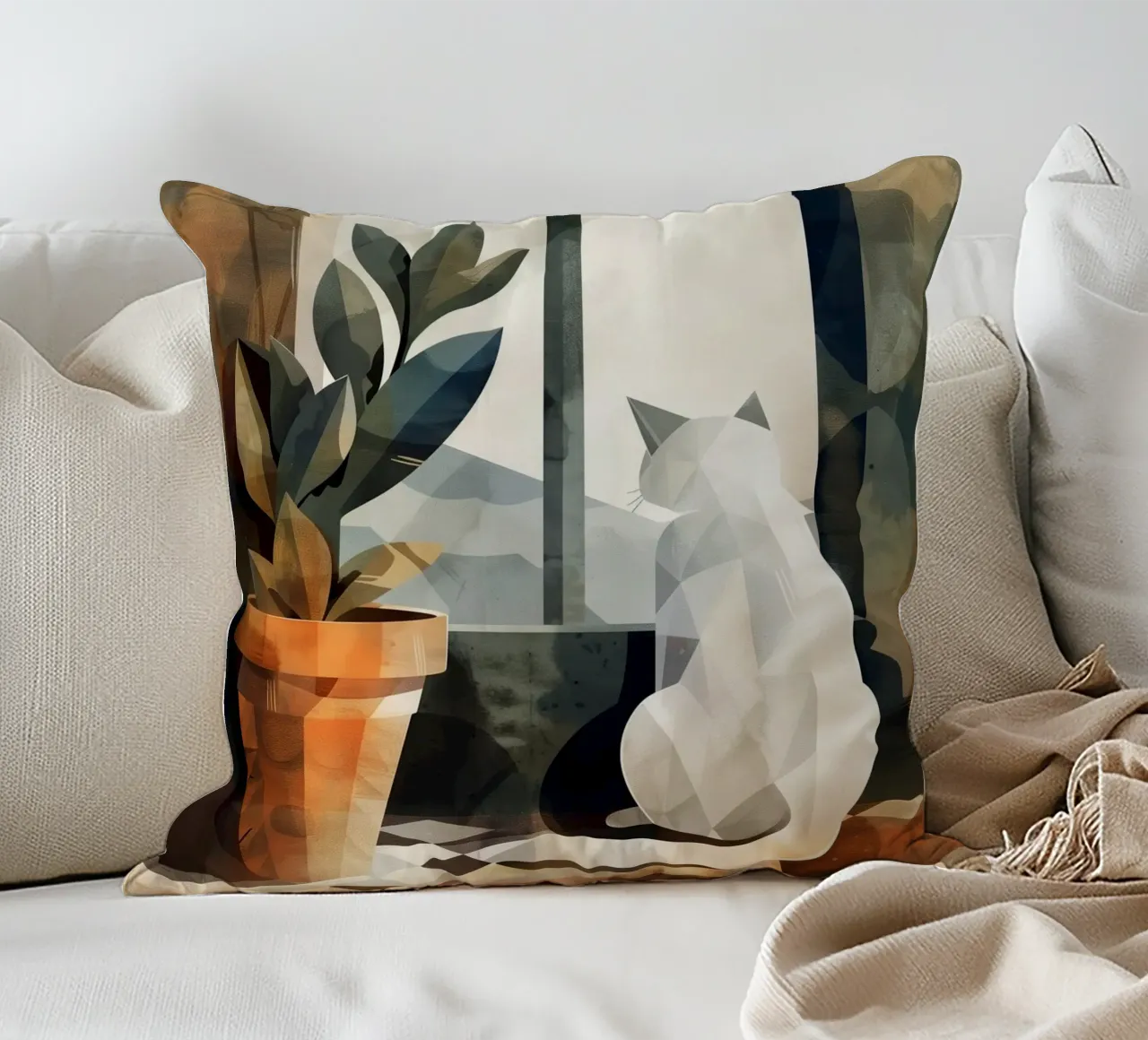 White cat and window decorative cushion by Justyna Jaszke JBJart