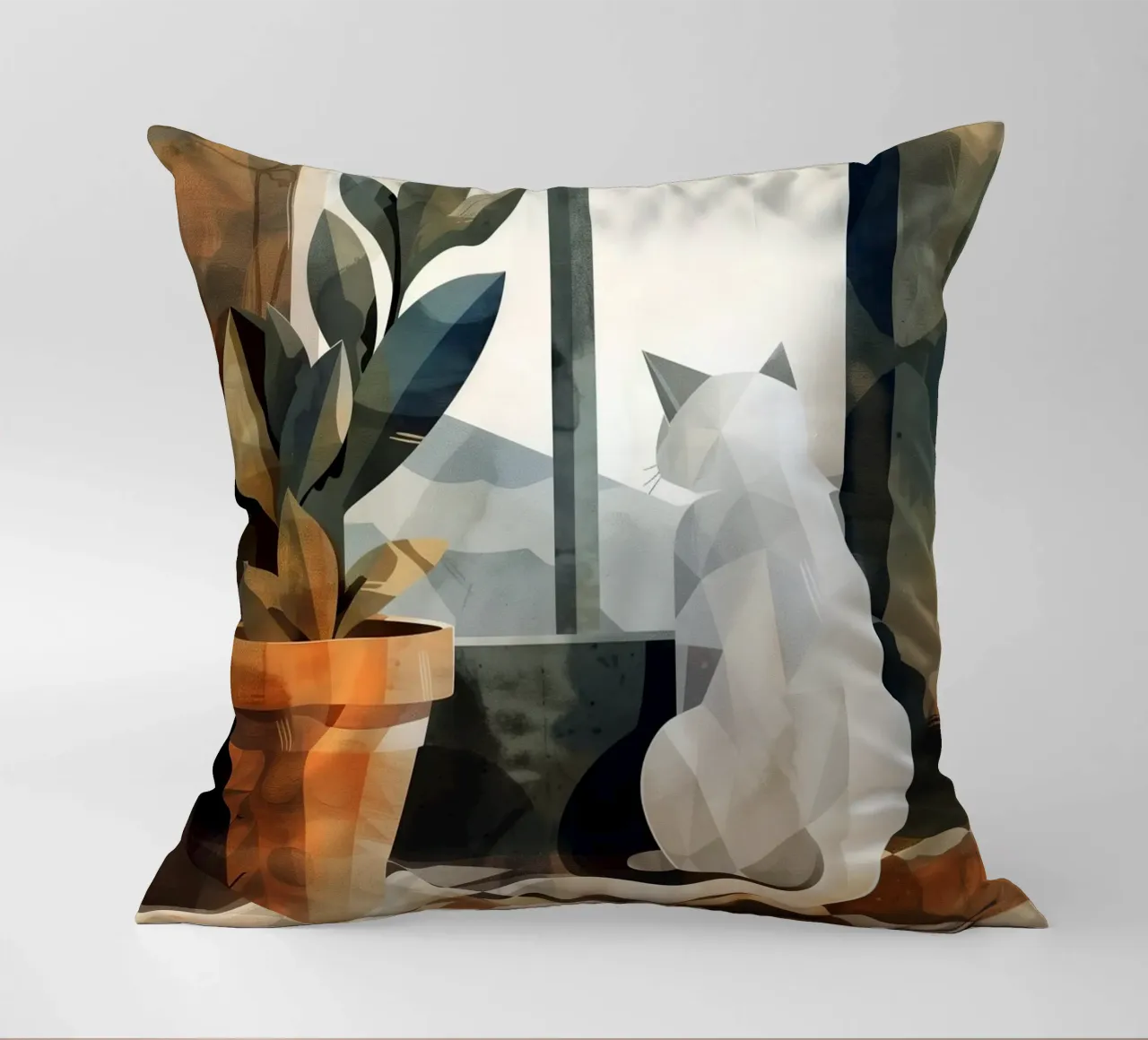 White cat and window decorative cushion by Justyna Jaszke JBJart