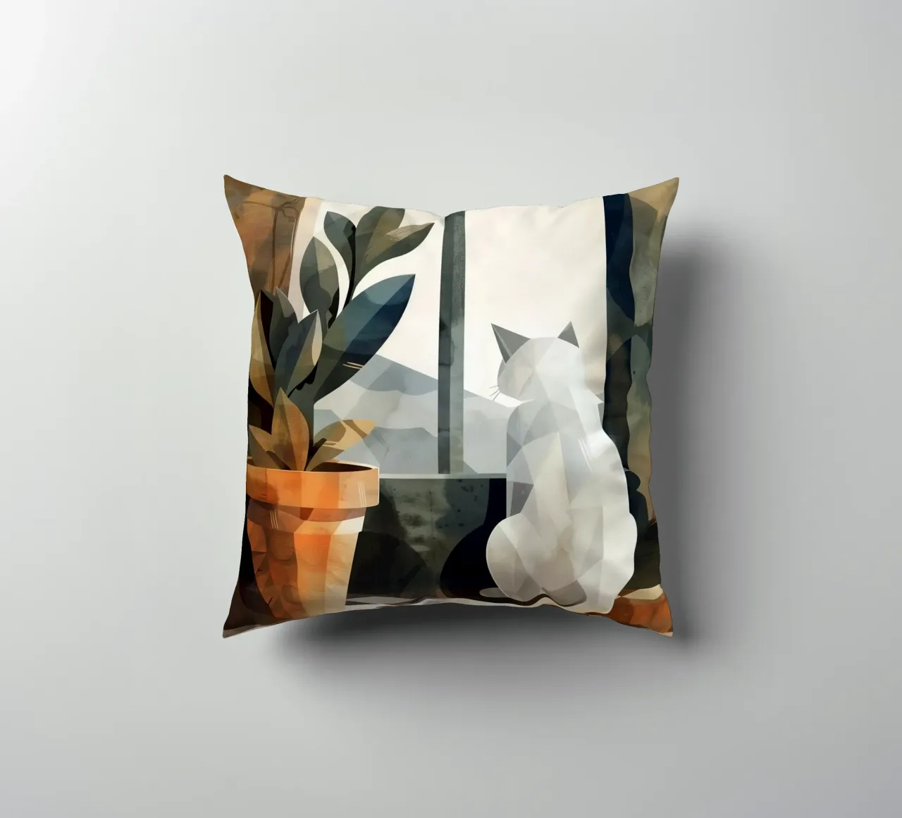 White cat and window decorative cushion by Justyna Jaszke JBJart