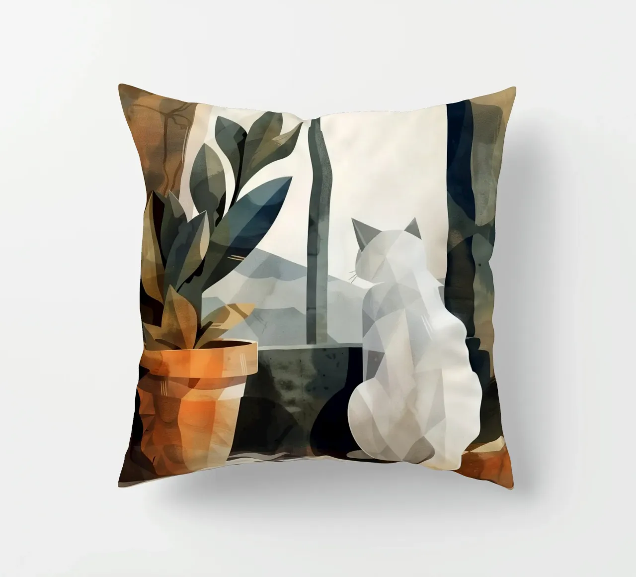 White cat and window decorative cushion by Justyna Jaszke JBJart