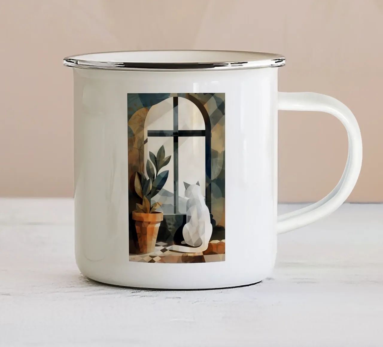 Gatto bianco e finestra tazza in smalto da Justyna Jaszke JBJart