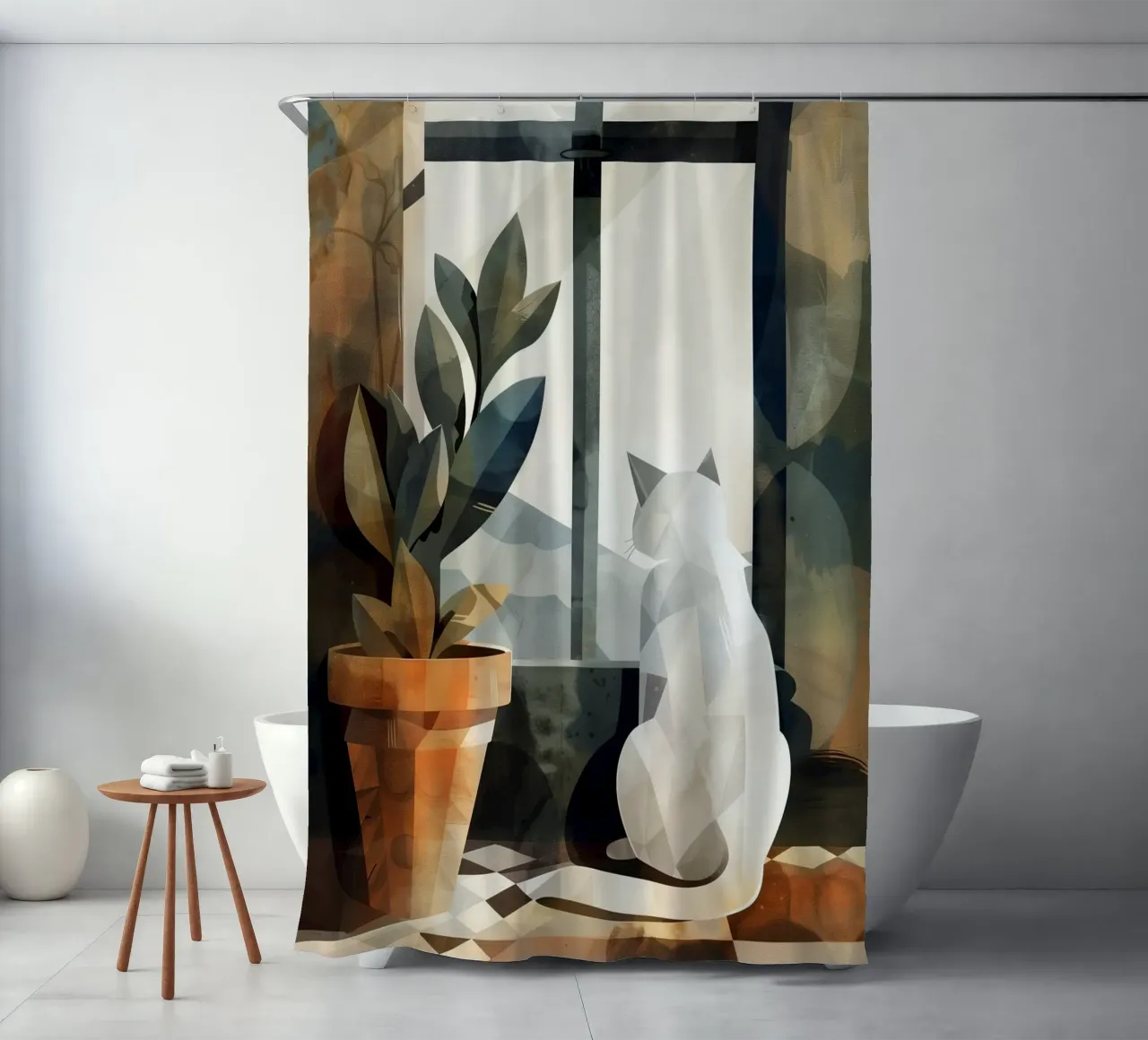 White cat and window shower curtain by Justyna Jaszke JBJart