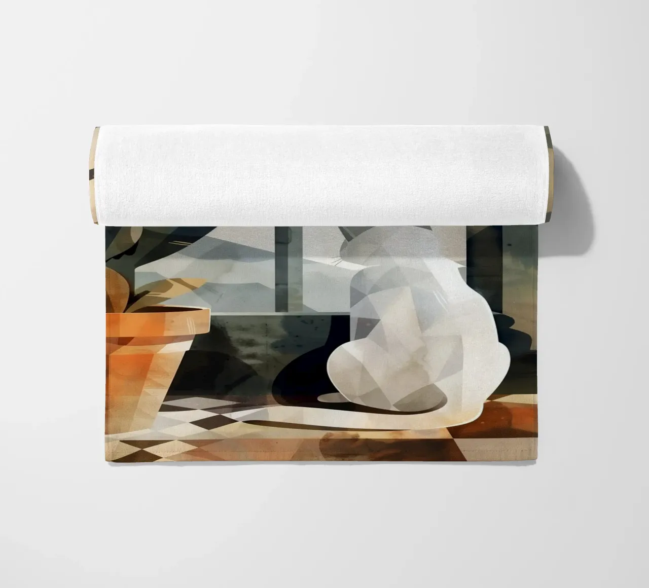 White cat and window beach towel by Justyna Jaszke JBJart