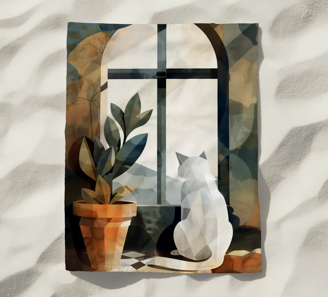 White cat and window beach towel by Justyna Jaszke JBJart