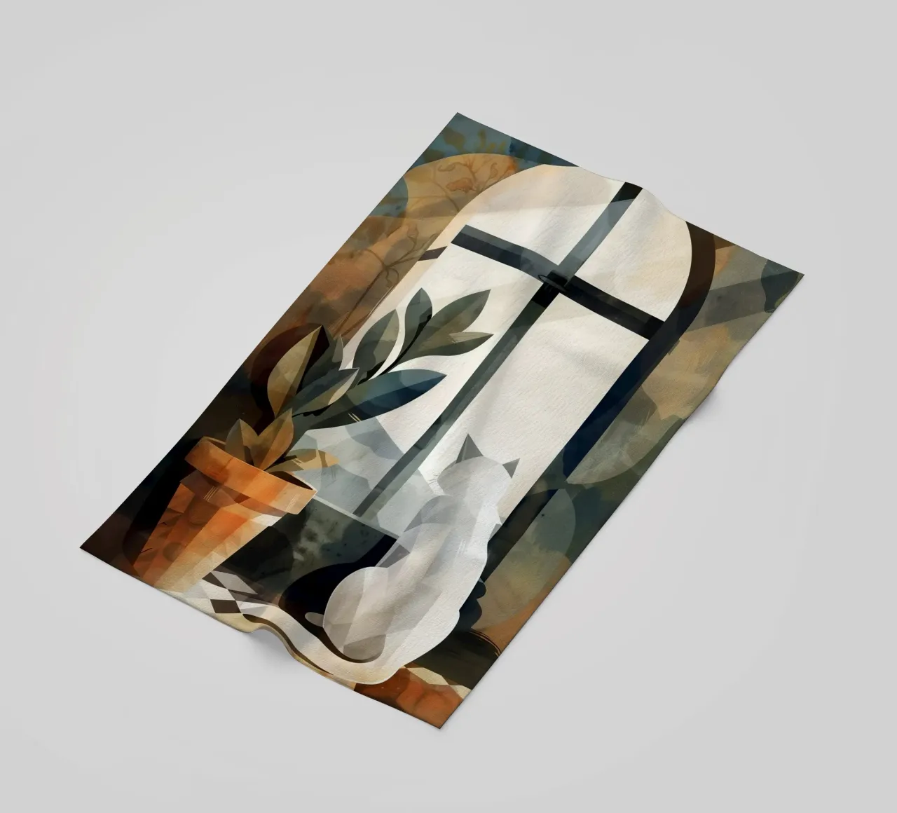 White cat and window beach towel by Justyna Jaszke JBJart