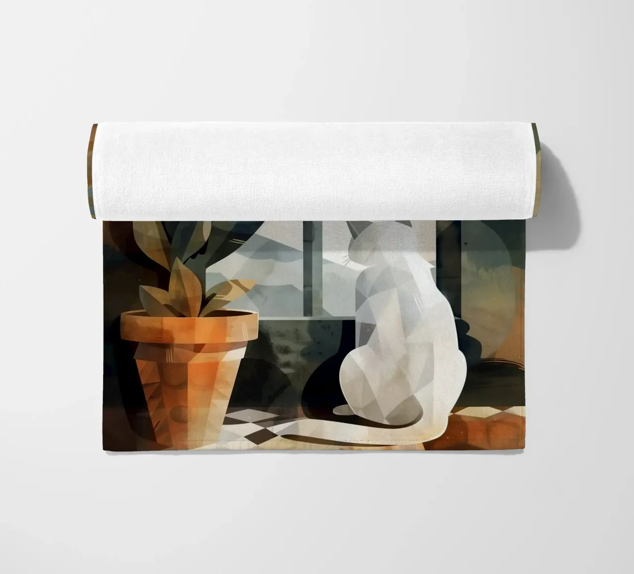 White cat and window beach towel by Justyna Jaszke JBJart