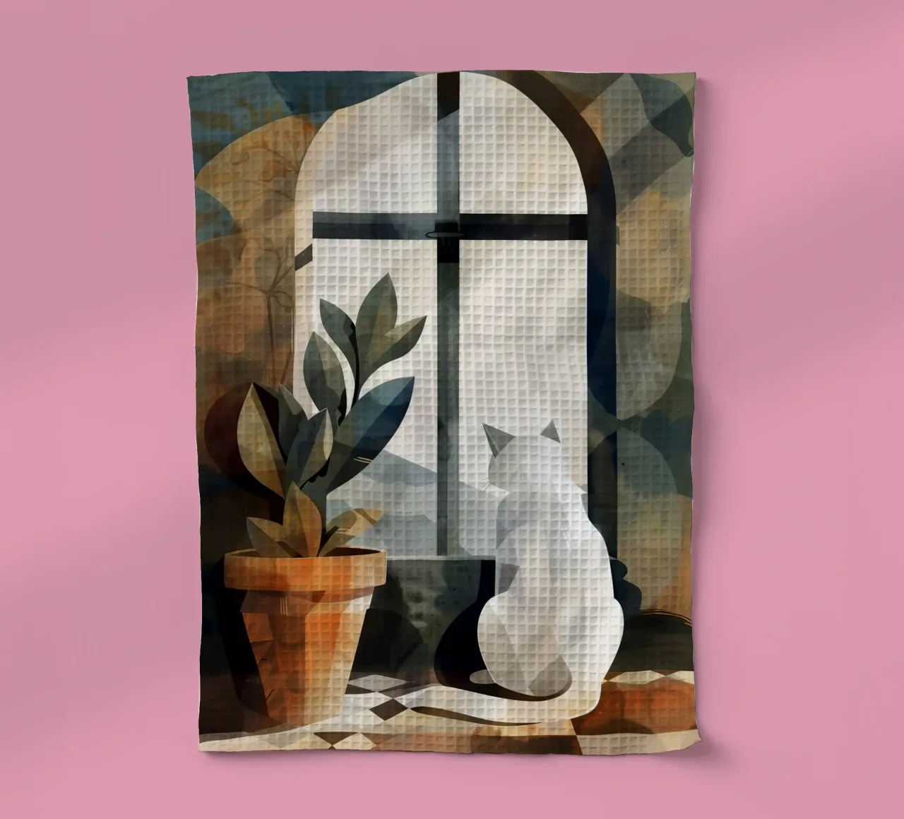 White cat and window tea towel by Justyna Jaszke JBJart