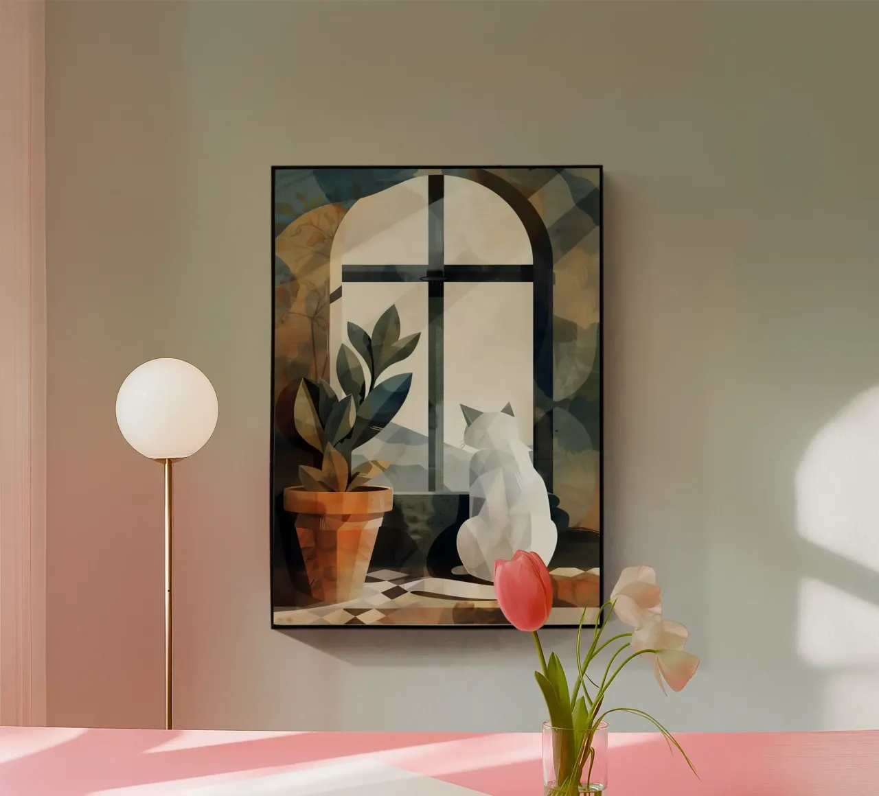 White cat and window acrylic glass by Justyna Jaszke JBJart
