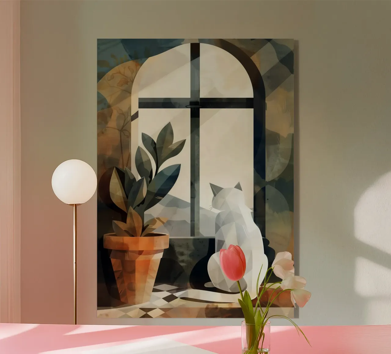 White cat and window acrylic glass by Justyna Jaszke JBJart
