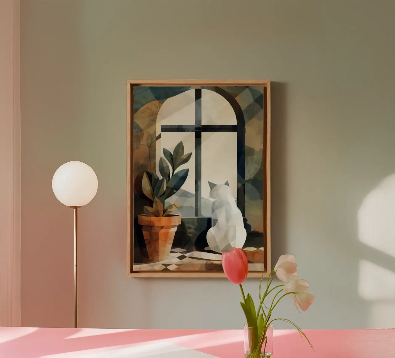 White cat and window canvas by Justyna Jaszke JBJart